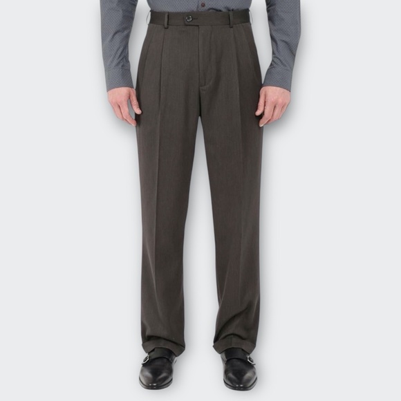 PERRY ELLIS PORTFOLIO Classic Fit Double Pleated Cuffed Dress Pant Taupe 36x30 - Picture 1 of 12